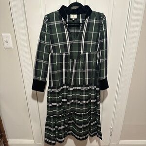 Tuckernuck Tartan Bristol Dress Green Black White Plaid Long Sleeve Tiered Sz L